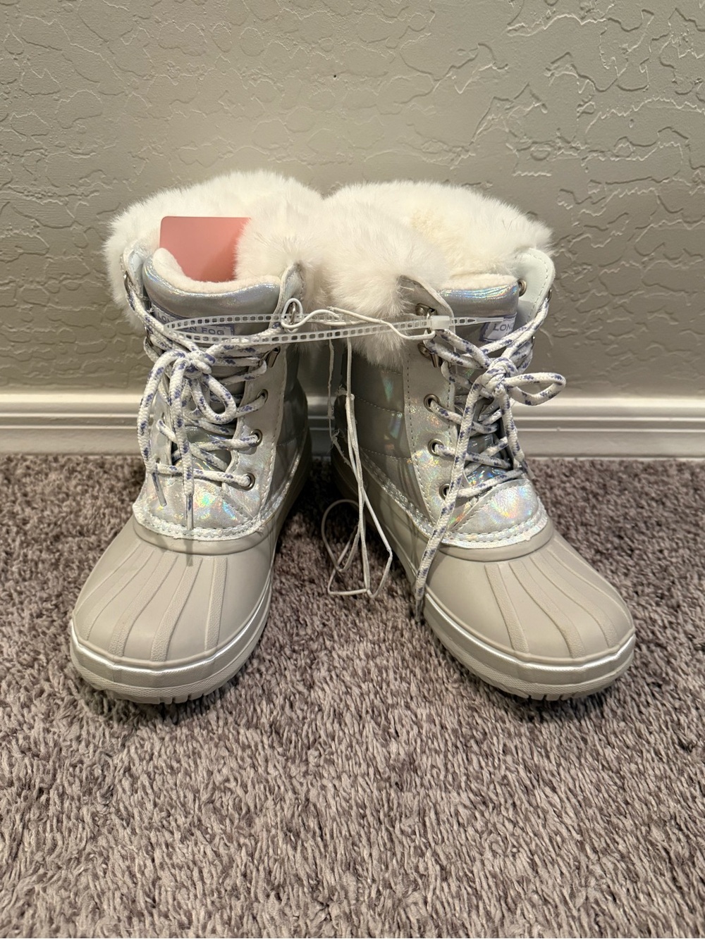 London Fog Girls White Faux-Fur Snow Boots with Iridescent Accents